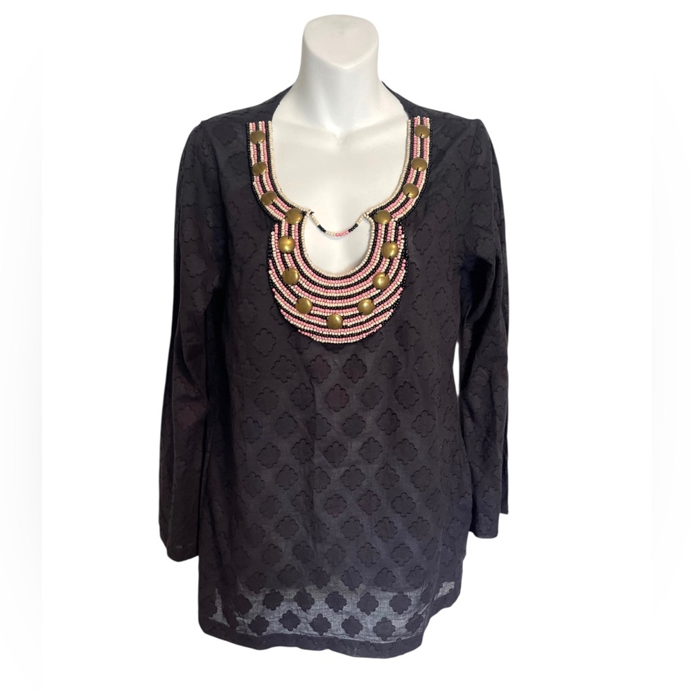 ViX Black Tunic Top Beaded Gold Medallion Neckline Blouse Cover Up NEW Sz Small